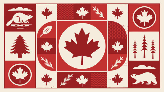 Geometric canada day greeting card design featuring iconic maple leaves and wildlife silhouettes in a modern flat vector illustration style for holidays