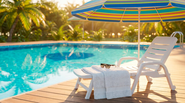 Relaxing Summer Vacation Setting With A White Lounge Chair And Colorful Umbrella By A Sparkling Swimming Poolside