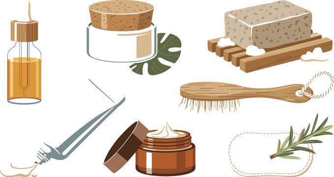 Natural Organic Cosmetics and Eco Friendly Spa Vector Element Set with Serum Dropper, Face Cream Jar, Bar Soap, and Wooden Body Brush Icons