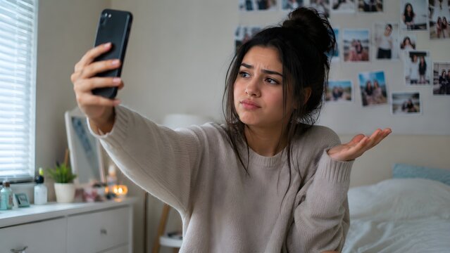 Young woman looking confused and skeptical while taking a selfie in her bedroom