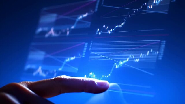 Hand touching glowing financial data interface with charts and market trends