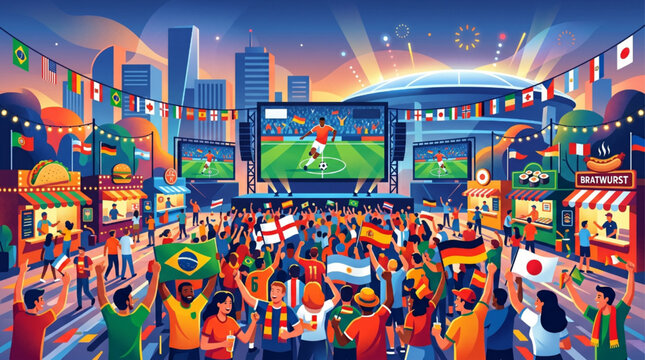 Vibrant vector illustration of soccer fans at a city fan zone watching a match on giant screens. Features international flags, food stalls, and sunset lighting. AI Generated.