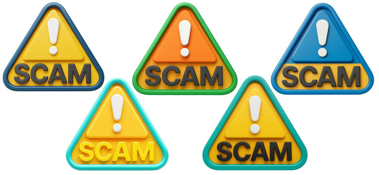 colorful triangular scam warning signs with exclamation marks isolated transparent background fraud alert icons set for caution danger deception prevention digital marketplace design