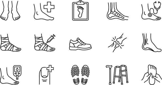 Podiatry medical care and foot orthopedic health line icon set for clinical orthotics business treatment website vector graphic