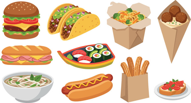Global Street Food Icon Set Featuring Burger Tacos Noodles Sushi Sub Sandwich Hot Dog Falafel Pho Soup Churros and Bruschetta Vector Illustration
