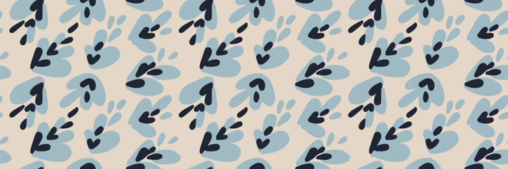 Fototapeta premium Seamless abstract floral pattern with blue organic leaf shapes on beige background. Modern minimalist texture for fabric, wallpaper, packaging, stationery, and decor