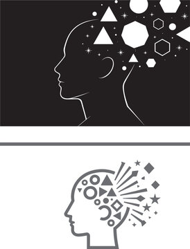 Human head profile vector with geometric shapes exploding from the mind for creativity and psychology concepts