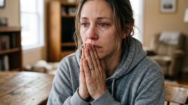 Woman crying with hands clasped in prayer or supplication looking distraught in indoor setting folded hands distress