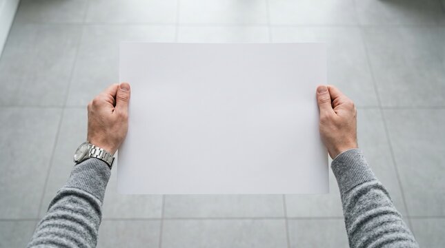 Person holding a blank white sheet of paper or translucent screen in hands with blank document, advertising space