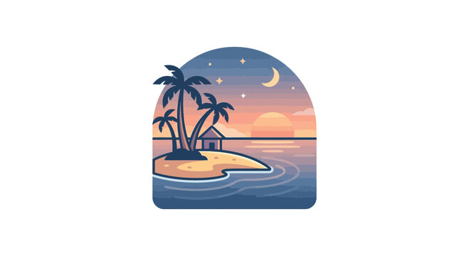 Pixel Art Tropical Island Sunset with Palm Trees and Beach Hut
