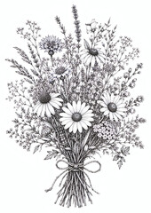 Obraz premium Hand-drawn bouquet of wildflowers and daisies with detailed botanical elements. Vintage black and white floral illustration, perfect for cards, posters, or interior decor.