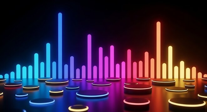 Abstract neon sound wave visualizer with glowing circular platforms
