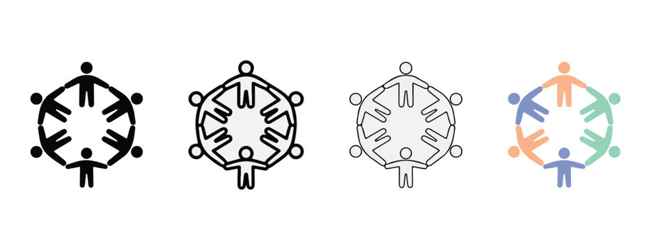 Teamwork icons showing people holding hands in circles representing unity collaboration and community spirit in various styles and colors isolated on transparent background