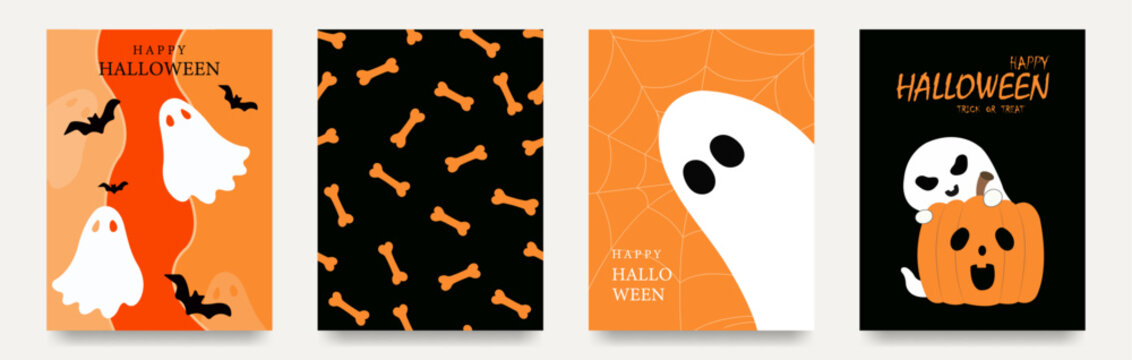 Halloween Vector Poster Set, Cute Ghost Pumpkin Illustration Collection, Spooky Trick or Treat Cards, Bat and Spider Web Background, Halloween Party Invitation, Autumn Holiday Design Bundle.