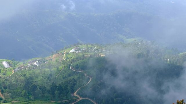 Scenic aerial view village of remote community in mountains of Haputale in highlands Sri Lanka