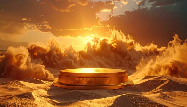 Golden Podium on Dramatic Cloudy Landscape.