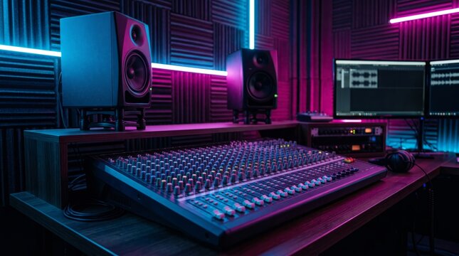 Professional Recording Studio With Mixing Console and Speakers Under Neon Lighting