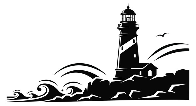 Black lighthouse on rocky coastline with waves
