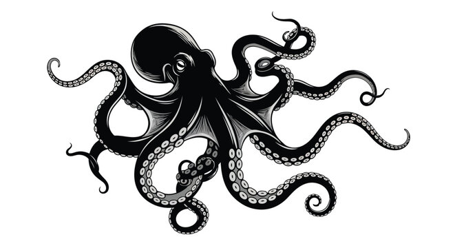 Black octopus with tentacles on white background