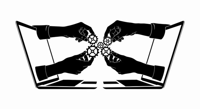 Hands co-creating gear from screens
