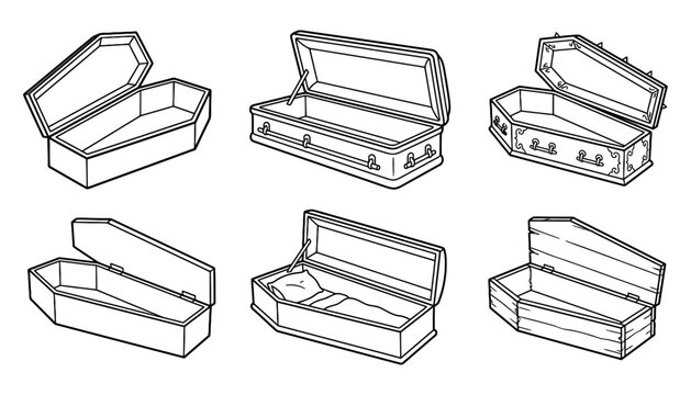 Open Coffin and Funeral Casket Collection Hand Drawn Vector Illustration Set
