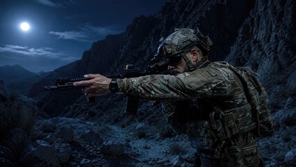 Obraz premium Male soldier in tactical gear aiming rifle at night in mountainous terrain under a full moon, showcasing military readiness and precision in a rugged environment