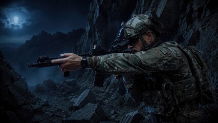 Obraz premium Military soldier in tactical gear aiming a rifle during nighttime operation in a rocky mountainous terrain under a full moon with dramatic lighting and shadows