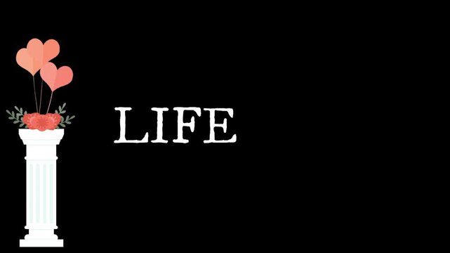 Heart-shaped balloons floating above a classical white column accompany the word life in a clean graphic arrangement to illustrate the delicate balance and beauty of the human experience.