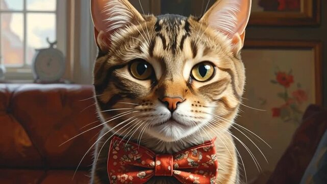 A cute tabby cat wearing a floral bow tie sits indoors