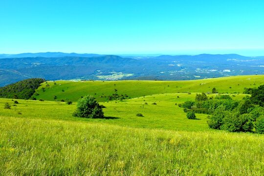 Green grassland at Vrem&scaron;čica hill with Brkini in the distance in Primorska, Slovenia