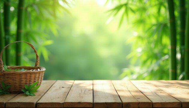Woven basket sits on rustic wood table. Green bamboo stalks and leaves form a soft bokeh background. Natural light filters through the foliage creating a serene and peaceful atmosphere.