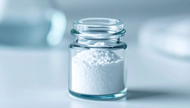 Glass vial with white titanium dioxide powder, laboratory sample for cosmetics and pharmaceutical applications, clean scientific environment. Close-up.