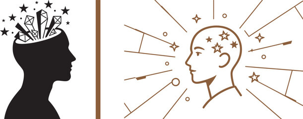 Human head profiles with stars and geometric shapes emerging from the mind vector illustration for creativity and mental health concepts © reza