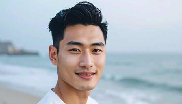 Young handsome Korean man standing against foggy sea, portrait of young guy, cute genuine smile, soft ocean breeze, coastal atmosphere. Close-up.