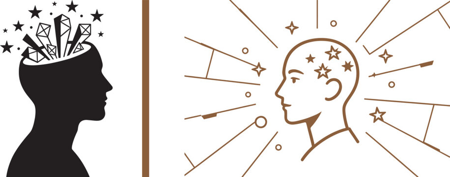 Human head profiles with stars and geometric shapes emerging from the mind vector illustration for creativity and mental health concepts