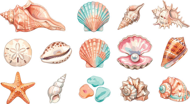 Beautiful Sea Shells and Marine Life Vector Set with Scallop Oyster Pearl Starfish Sand Dollar and Conch for Summer Beach Coastal and Nautical Designs