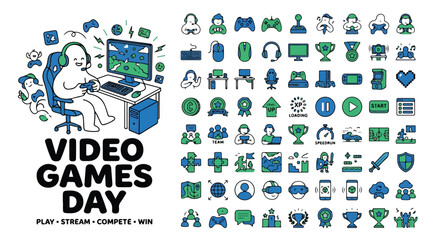 Video Games Day flat icon set, gaming character illustration with 60 esports elements, blue and green gamer icons for streaming and competition © shanawar