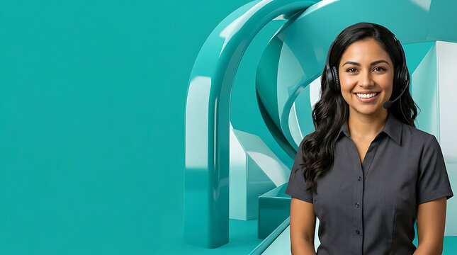 Confident Hispanic customer support representative with headset posing against a modern teal geometric background. corporate advertising concept featuring professional female agent with copy space.