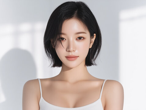 Asian Female model for cosmetic advertising. Beauty skin woman with bare shoulder on white background.