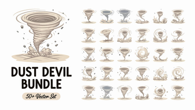 Dust devil bundle, 50+ vector set of cartoon tornado icons, swirling wind storm and whirlwind illustrations for weather forecasting and disaster apps