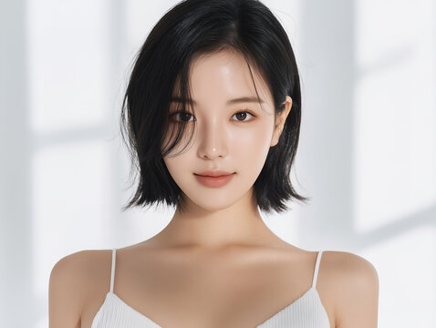Asian Female model for cosmetic advertising. Beauty skin woman with bare shoulder on white background.