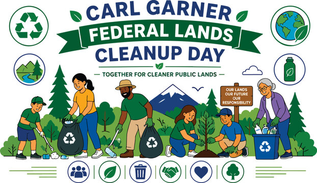 Carl Garner Federal Lands Cleanup Day flat vector illustration featuring people of different ages working together to collect trash, sort recyclables, plant trees, and improve public outdoor spaces