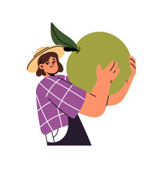 Obraz na płótnie Canvas Farmer in summer hat holds a big green apple. Tiny person with huge fruit in hands. Happy girl with farm crop, healthy food for selling on local market. Flat isolated vector illustration on white