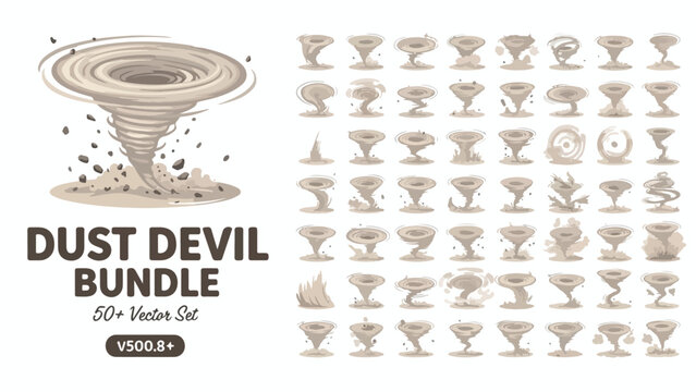 Dust devil bundle with 50+ vector set, swirling tornado icons and sand storm whirlwind illustrations, desert wind vortex collection