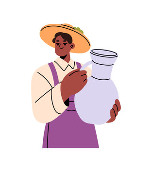 Black farmer holds ceramic jug of milk. Farm worker with pottery pitcher of dairy product in hands. African American person with crock of water. Flat isolated vector illustration on white background