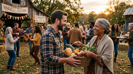 Obraz premium Happy couple holding basket of fresh vegetables and fruits at outdoor autumn harvest festival in warm golden lighting for seasonal marketing