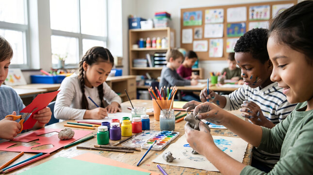 Diverse children crafting in classroom with natural light and colorful art supplies for educational activities