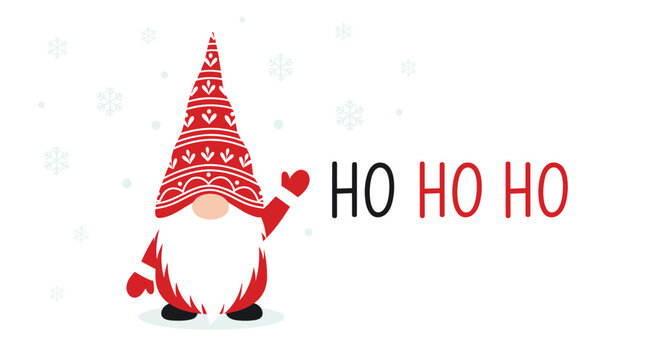 Adorable christmas gnome character in a festive red hat and mittens with a white beard and ho ho ho text for holiday decor.