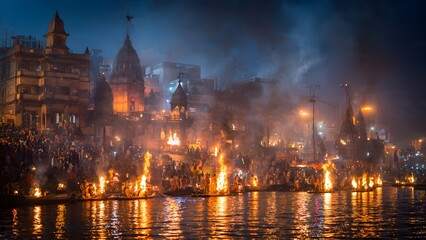 Obraz premium Crowded riverbank at night with numerous ceremonial fires burning, reflecting on water, creating a smoky, spiritual atmosphere during a traditional Indian ritual.