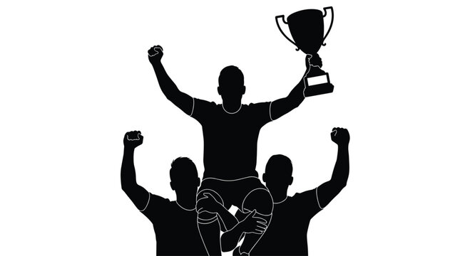 Silhouette of three people celebrating victory with one person held aloft holding trophy signifies teamwork, success, and achievement in sports competition.